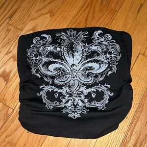 Charlotte Russe Black Strapless Tube Crop Top with White Fleur Graphic
